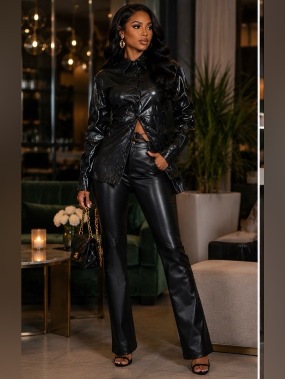 AKIRA Shiny Coated Black Faux Leather Jacket With Open Back With Straps